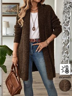 Cardigan lungo in maglia a maniche lunghe da donna, casual da indossare ogni giorno Caffè Marrone Casual  Manica lunga Maglia Pettinata Colore unico  Leggero Elastico,Abbastanza Elasticizzato  Women Clothing, size features are:Bust: ,Length: ,Sleeve Length: Sweaters Winter, Long Sweaters For Women, Loose Knit Cardigan, Coffee Sweater, Áo Len Cardigan, Women Sweaters Winter, Cardigan Knit