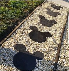 a walkway made out of pebbles with mickey mouse heads on it and black stepping stones