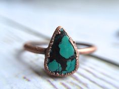 Turquoise ring | Simple stone stacking ring | Turquoise stone ring | Electroformed mineral jewelry | Organic stone jewelry | Mineral ring Unique Turquoise Stackable Rings As Gift, Unique Turquoise Stackable Rings For Gift, Adjustable Turquoise Ring With Patina For Gift, Raw Opal Engagement Ring, Rough Opal Ring, Stone Stacking, Raw Opal Ring, Pebble Ring, Australian Opal Ring