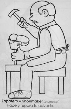 a black and white drawing of a man sitting on a stool with a hammer in his hand