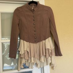 Beautiful And Hard To Find Free People Military Ruffle Jacket. Size 2. Very Gently Used In Excellent Condition. Pinkish Taupe Color, Military Buttons, Raw Hem, Cotton. Please See Photos For Measurements. Ruffle Jacket, Free People Jacket, Taupe Color, Hard To Find, Free People, Size 2, Jackets & Coats, Conditioner, Pink