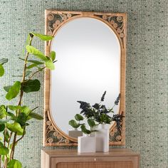 a mirror sitting on top of a wooden dresser next to a potted green plant