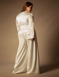 Bridal by ELOQUII Flare Sleeve Jumpsuit | Women's Plus Size Dresses | ELOQUII Chic Fitted Satin Jumpsuits And Rompers, Fitted Satin Pantsuit For Workwear, Elegant Fitted Satin Jumpsuits And Rompers, Elegant Fitted Jumpsuit With Back Zipper, Elegant Fitted Jumpsuits And Rompers With Back Zipper, Fitted Elegant Jumpsuits And Rompers With Back Zipper, Fitted Long Sleeve Jumpsuits And Rompers For Wedding, Chic Fitted Satin Pantsuit, Elegant Long Sleeve Satin Jumpsuit