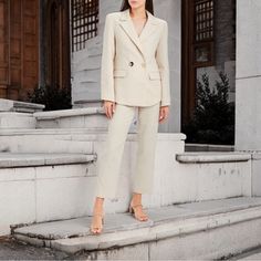 Partially Lined, Notched Lapels, Signature Button Closure, Flap Pockets, Vented Back. Bust 36”, Sleeve 24”, Shoulder 16”, Length 28”. Office Pantsuit With Hidden Button Closure And Long Sleeves, Fitted Long Sleeve Pantsuit With Button Closure, Chic Blazer With Button Cuffs And Suit Collar, Elegant Long Sleeve Fall Pantsuit, Long Sleeve Pantsuit With Button Closure For Business, Chic Long Sleeve Pantsuit For Fall, Elegant Long Sleeve Pantsuit For Fall, Office Suits With Button Cuffs And Long Sleeves, Beige Fall Suits