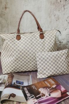 Worth the Wait! - This item typically ships in 5-10 business days! Type: Tote bag Bag size: Oversize Pattern type: Plaid Material: PU leather Imported Product measurements: 21.6*16.5*10.2 in /12.6*9.5 in Beige Satchel Travel Bag For Shopping, Beige Shoulder Bag For Shopping, Trendy Beige Shoulder Travel Bag, Beige Weekender Bag With Large Capacity, Beige Satchel Weekender Bag With Large Capacity, Beige Weekender Bag With Large Capacity And Double Handle, Beige Weekender Bag With Adjustable Strap For Shopping, Large Capacity Beige Satchel Weekender Bag, Cream Square Satchel With Large Capacity