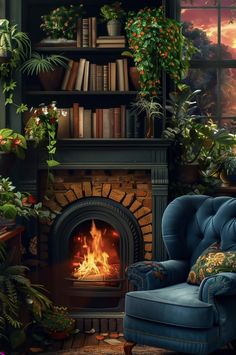 a blue chair sitting in front of a fire place next to a bookshelf