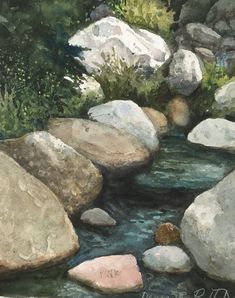 a painting of rocks and water in a stream