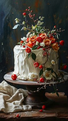 a cake with white frosting and red flowers on top, sitting on a table