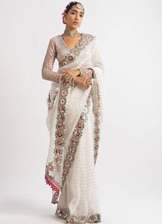 White Hand Cut Mirror Border Saree Set Vvani by Vani Vats - Fabilicious Fashion White Sequin Saree, Vani Vats, Off White Saree, Sequins Saree, Mirror Border, Hand Embroidered Blouse, Zipper Blouse, Border Saree, White Saree