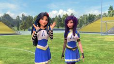 two animated female soccer players standing on a field with their hands up in the air