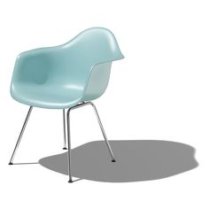 a blue plastic chair sitting on top of a metal frame base with a white background