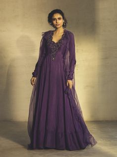 Parul And Preyanka-Purple Anarkali With Cape-INDIASPOPUP.COM Purple Anarkali, Organza Cape, Cape For Women, Zardosi Embroidery, Diwali Outfits, Embroidered Anarkali, Designer Dresses Indian, Indian Outfit, Silk Organza