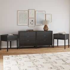 a living room scene with focus on the sideboard and two end tables in front of it