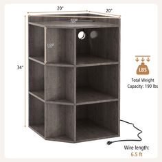 the measurements for an open bookcase with four shelves and one light bulb on top