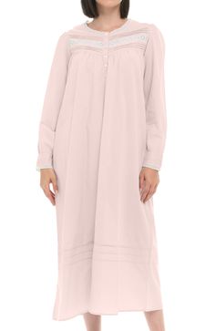 Pink Peach Feminine Long Sleeve Cotton Nightgown, Feminine Cotton Nightgown For Loungewear, Feminine Cotton Nightgown For Sleepovers, Long Sleeve Cotton Nightgown, Solid Color Spring Nightgown For Daywear, Feminine Cotton Nightgown For Hospital, Pink Cotton Nightgown For Bedtime, Elegant Cotton Nightgown For Spring, Elegant Cotton Nightgown For Sleepover