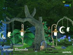 an animated image of some fairy - time decorations in the woods with trees and plants