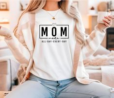 Cute Mom Shirt, Mom Mode All Day Every Day, Motherhood Shirt, Mothers Gift Ideas. Bella Canva Brand lightweight fabric Unisex Jersey Short Sleeve Shirt makes it perfect for layering. Welcome to SsweetNChic shop! For Sizes & Color options, please look at listing images. Bella Canva 3001 T-shirts. How to order: 1. Please check and review listing photos. 2. Select your T-Shirt size & color from drop down menu. 3. Choose the Quantity you want. 4. Click ADD TO CART. Go to your card and finish your order. CARE INSTRUCTIONS: Machine Wash: cold Non-chlorine: Bleach as needed Tumble dry: low heat Iron, steam, or dry: medium heat Do not dry-clean Standard shipping cost $4.75, processing time 2-5 days Est. delivery 2-5 business days. Mother's Day Crew Neck Tops, Everyday Crew Neck Tops For Mother's Day, Gift Ideas New Mom, Cool Mom Shirts, Blessed Mama Shirt, Motherhood Shirts, Mommy Shirt, Blessed Mama, Mommy Shirts