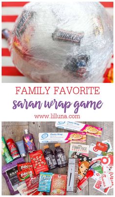 an image of family favorite saran wrap game with candy and candies on the table