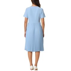 This dress can be a perfect addition to almost any outfit from formal to daily wear, great for work, meeting, office, businesses, work, party, cocktail, wedding, casual, daily dressing, etc. Pair with delicate necklace and heels for a chic office look. Comfortable and classic, this A-line dress is perfect on its own or as a layer under a blazer or jacket. Blue A-line Midi Dress For Formal Occasions, Dressy V-neck Midi Dress For Office, Formal Summer V-neck Pleated Dress, Formal Light Blue A-line Midi Dress, Solid V-neck Midi Dress For Office, Chic Office Dress With Pleated Back, Knee-length Midi Dress With Pleated Back, Fitted Solid Color Office Dresses, Classic Blue A-line Midi Dress