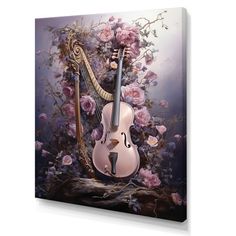 a painting of a violin and flowers