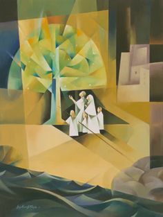 an abstract painting with three people standing in front of a tree, and one person on the other side