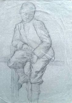 a pencil drawing of a man sitting on a stool