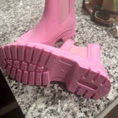 Never Worn Pink Rainboots Trendy Spring Rain Boots With Round Toe, Casual Pink Platform Boots For Fall, Casual Pink Heeled Boots For Spring, Trendy Pink Waterproof Rain Boots, Pink Waterproof Spring Boots, Trendy Spring Ankle Rain Boots, Pink Ankle Platform Boots For Spring, Casual Spring Rain Boots With Round Toe, Casual Round Toe Rain Boots For Spring