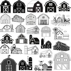 black and white barn clipart set with farm buildings, barns and windmills illustration