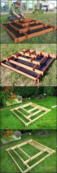 the different stages of building a garden bed in an open field with grass and flowers