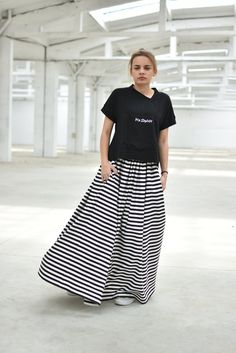 "Striped Maxi Skirt, High Waist Skirt, Plus Size Clothing ◈ Stylish and chic fashion is our shared dream! You can be sure that this piece is made with a lot of love and craftsmanship. ◈ S I Z I N G ◈ This item is available from XS to 4XL. Please, have a look at my Size Chart below before placing your order. ◈ D E L I V E R Y ◈ This item will be shipped in up to 5 days after your order was placed. We use Express worldwide shipping for all of our items. Shipping usually takes: ✈ 2-3 biz days to US Black Cotton Maxi Skirt For Summer, Summer Black Cotton Maxi Skirt, Casual Black Skirted Dress, Casual Black Flared Dress, Casual Full Skirt Bottoms, Casual Black Full Skirt Bottoms, Casual Relaxed Flared Maxi Skirt, Casual Dress With Relaxed Flared Skirt, Casual Dresses With Relaxed Flared Skirt