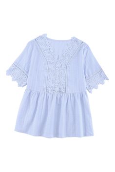 Blue Lace Splicing V Neck Short Sleeve Shirt Cotton V-neck Top With Lace Patchwork, Spring Blue Top With Lace Patchwork, Blue Lace Patchwork Spring Tops, Casual Blue Top With Lace Patchwork, Short Sleeve Shirt Women, Lace Splicing, Blue Shirt, Olivia Mark, Blue Lace