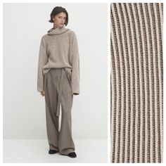 Nwt. Massimo Dutti Mole Brown Knit High Neck Sweater With Contrast Thread. Made From Wool And Cashmere. High Neck, Long Sleeves. Outer Layer - Polyamide 34%, Wool 31%, Viscose 30%, Cashmere 5%. Size S. Ref. 5715/572. Pit To Pit 23" Flat, Shoulders 24,5 ", Sleeves 19", Length 23". Elegant Beige Ribbed Outerwear, Elegant Ribbed Beige Outerwear, Cozy Neutral Sweater For Workwear, Cozy Neutral Sweater For Work, Beige Sweater For Workwear In Fall, Beige Sweater For Fall Workwear, Beige Relaxed Fit Sweater For Work, Beige Wool Sweater With Relaxed Fit, Fitted Neutral Sweater For Work