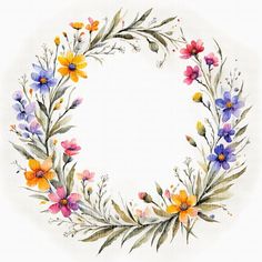 a watercolor wreath with flowers and leaves