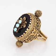 Elaborate vintage large poison or pillbox ring (circa 1950s to 1960s), crafted in 14 karat yellow gold.   Turquoise totals an estimated 0.90 carats & is set upon an onyx mounting that measures 25mm x 17mm. The stones are in excellent condition and free of cracks or crisps.     The ring opens to reveal a secret compartment. Typically this type of ring has been used to carry perfume, locks of hair, devotional relics, messages or other keepsakes.   The substantial ring weighs 35.7 grammes, with a h Gold Vintage Turquoise Ring For Formal Events, Gold Vintage Turquoise Ring For Formal Occasions, Vintage Gold Turquoise Ring For Formal Events, Vintage Gold Turquoise Ring For Formal Occasions, Vintage Yellow Gold Oval Turquoise Ring, Vintage Yellow Gold Turquoise Oval Ring, Vintage Oval Turquoise Ring For Formal Events, Vintage Oval Turquoise Ring For Formal Occasions, Vintage Gold Turquoise Ring