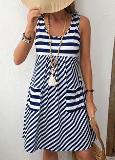 Sleeveless Geometric Pattern Summer Dresses, Casual Striped Sleeveless Dress For Vacation, Sleeveless Summer Dress With Geometric Pattern, Casual Dresses With Geometric Pattern, Simple Sleeveless Dress, Striped Shift Dress, Striped Sleeveless Dress, Short Dresses Casual, Crop Top Blouse