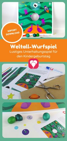 Bastelvorlage sowie das fertige Weltall-Wurfelspiel für den Kindergeburtstag von Balloonas.