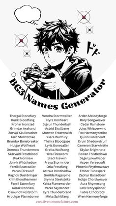 an anime poster with the names of characters in black and white, including one man holding a