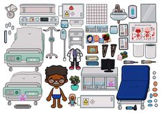 an assortment of medical equipment including a bed, chair, and other items are shown