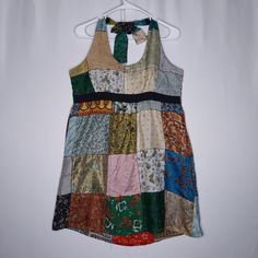 Galeno Patchwork Silk Halter Tunic Dress Xl Mix Fabric Multicolor Print Cottage Vintage Y2k 90s 2000s Vintage Holly Hobby 100% Silk New With Tag Size Xl By Galeno Upcycle Patchwork, Tshirt Dresses, Scarecrow Halloween, Holly Hobby, Patchwork Clothes, Cottage Vintage, Calico Fabric, 2000s Vintage, Upcycled Fashion