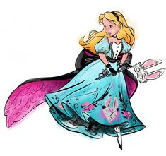 a drawing of a woman in a blue dress with pink wings