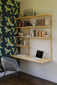 Wall mounted floating desk with 4 tier storage shelves in Ash and brass. Office In A Small Space, Wall Mount Desk, Bedroom Plants Decor, Mounted Desk, Bedroom Workspace, Wall Shelves Bedroom, Small Workspace, Small Home Offices, Wall Mounted Desk