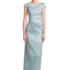 Talbot Runhof Sorbet Gazar Gown Color: Baby Blue Size: 6 A Metalized Fabric Brings A Romantic Shimmering Finish To This Fitted Evening Gown. Sunburst Pleats Add A Dynamic Texture. Asymmetric V-Neck Cap Sleeves Zip Closure Back Split At Skirt Polyester/Polyamide/Metalized Polyester/Eastane Dry Clean Imported Formal Fitted Gown With Ruched Bodice, Fitted Gown With Pleated Bodice For Formal Occasions, Silk Mother Of The Bride Dress, Floor-length Formal, Formal Pre-draped Bias Cut Gown, Evening Mother Of The Bride Dress With Ruched Bodice, Fitted Formal Gown With Short Sleeves, Silk Fitted Mother Of The Bride Dress For Gala, Fitted Short Sleeve Formal Gown, Satin Mother Of The Bride Fitted Evening Dress