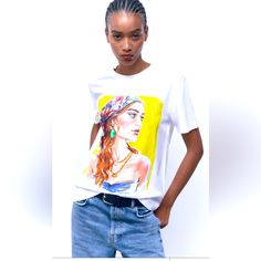 Zara Girl Print T-Shirt 100% Cotton Round Neck New With Tags Size S Trendy Zara Graphic Print T-shirt, White Cotton T-shirt With Fashion Print, Trendy Zara T-shirt For Streetwear, Trendy White Zara T-shirt, Trendy Fashion Print Crew Neck T-shirt, Summer Tops With Fashion Print And Relaxed Fit, Summer Fashion Print Tops With Relaxed Fit, Zara White T-shirt For Streetwear, Summer Crew Neck Top With Fashion Print