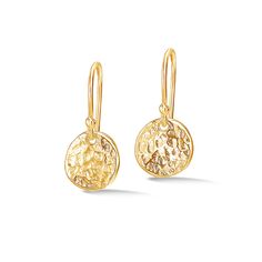 Made in our London studio, this pair of sterling silver 10mm round disc drop earrings have our signature hammered texture and a radiant yellow gold vermeil finish.  Total length - approx. 20mm Dower & Hall designs their jewellery to be worn and treasured. Here are a few simple guidelines to keep your jewellery looking its best: Perfume, skin and hair products can all react with silver causing it to tarnish, cause vermeil to erode and even damage stones – especially pearls. Always apply your prod Hammered Yellow Gold Circular Earrings, Yellow Gold Hammered Circle Earrings, Elegant Tarnish-resistant Round Disc Earrings, Hammered Yellow Gold Round Disc Earrings, Textured Round Earrings For Gifts, Everyday Round Textured Earrings, Everyday Textured Round Earrings, June Birthstone Jewelry, Vermeil Jewelry