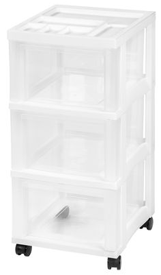 three drawers with wheels on each side and clear plastic containers on the bottom, all stacked together