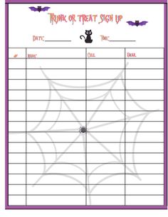 a printable trick or treat sign up with bats and spider webs on it