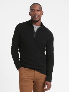 Merino Waffle-Knit Half-Zip Sweater | Banana Republic Fall Cashmere Half-zip Sweater, Winter Half-zip Sweater For Layering, Winter Layering Half-zip Sweater, Cozy Fit Half-zip Fall Sweater, Winter Wool Half-zip Sweater, Cozy Fit Half-zip Winter Sweater, Black Half-zip Sweater For Fall, Black Half-zip Winter Sweater, Black Merino Wool Polo Sweater For Fall