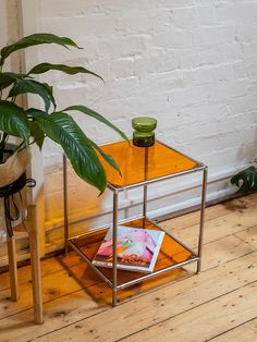 a glass table with magazines on it next to a potted plant