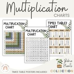 three cross stitch patterns with the words, times tables and numbers in each row on them