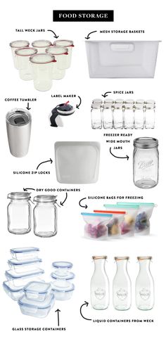 an image of kitchen items labeled in the words food storage and instructions for storing them